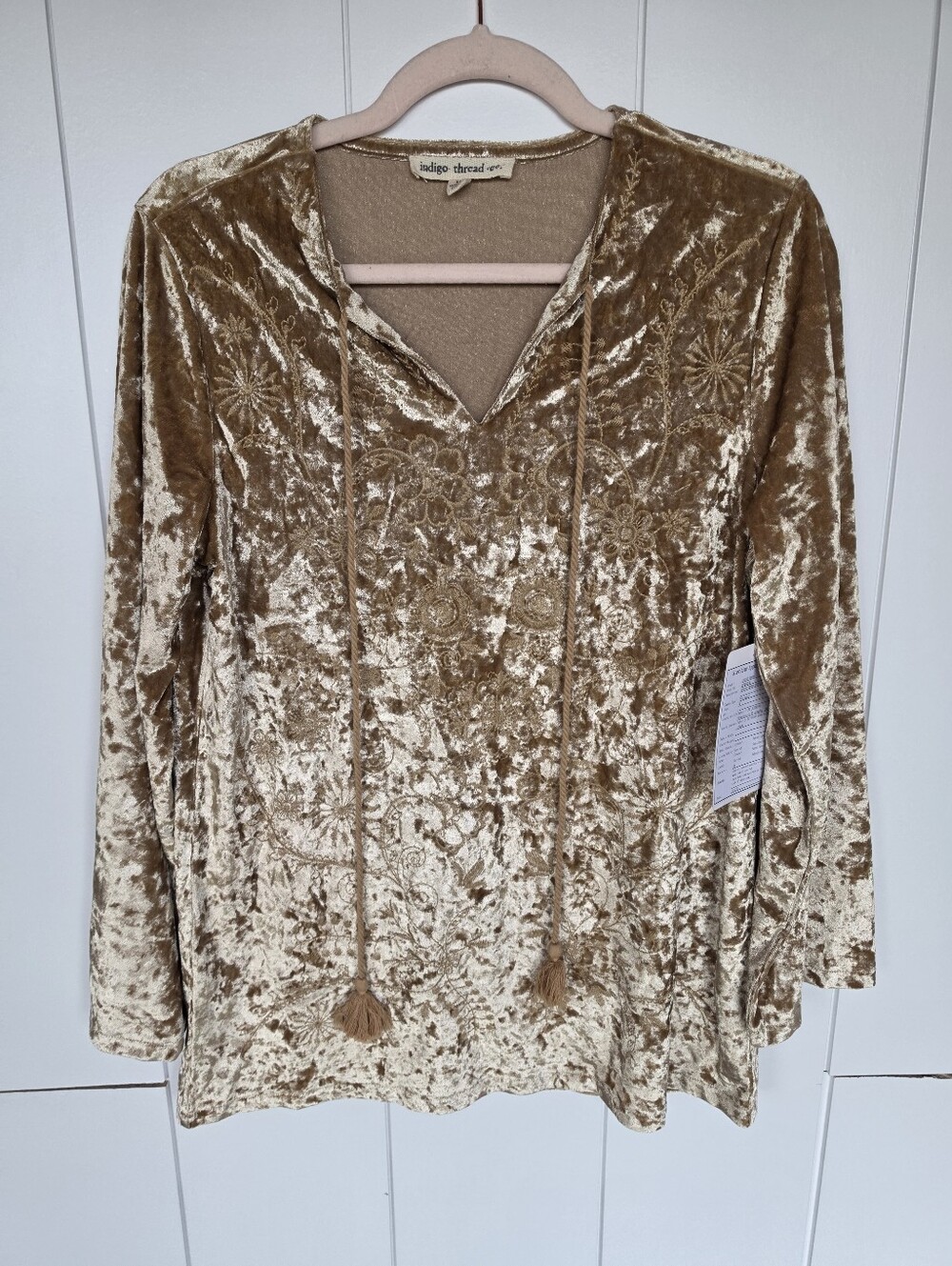 Indigo Thread Co Gold Velvet Embroidered Long-Sleeve Tunic